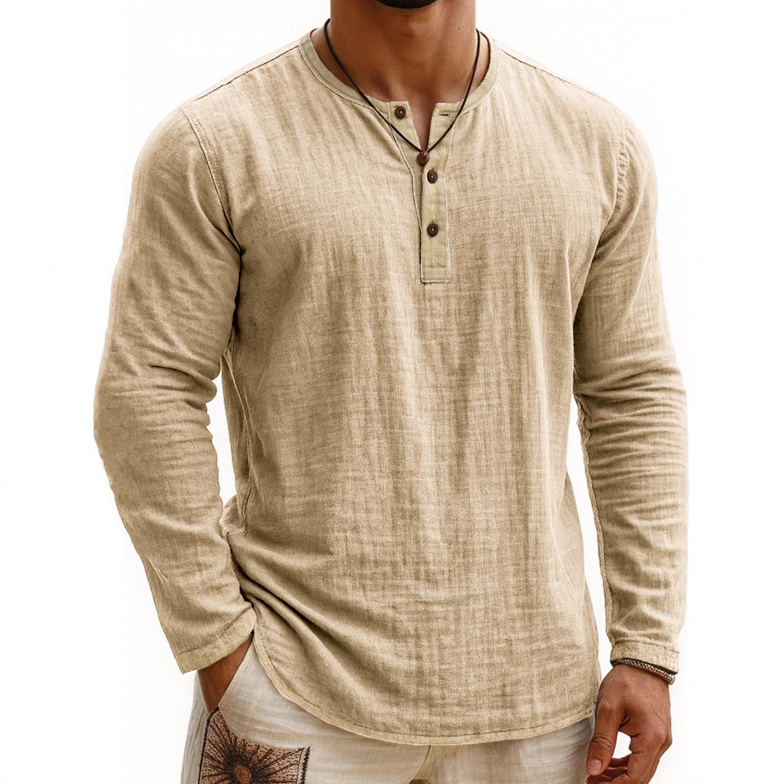 Digital Printing Two-tone Henley Shirt 3-button Men's Casual Long Sleeve