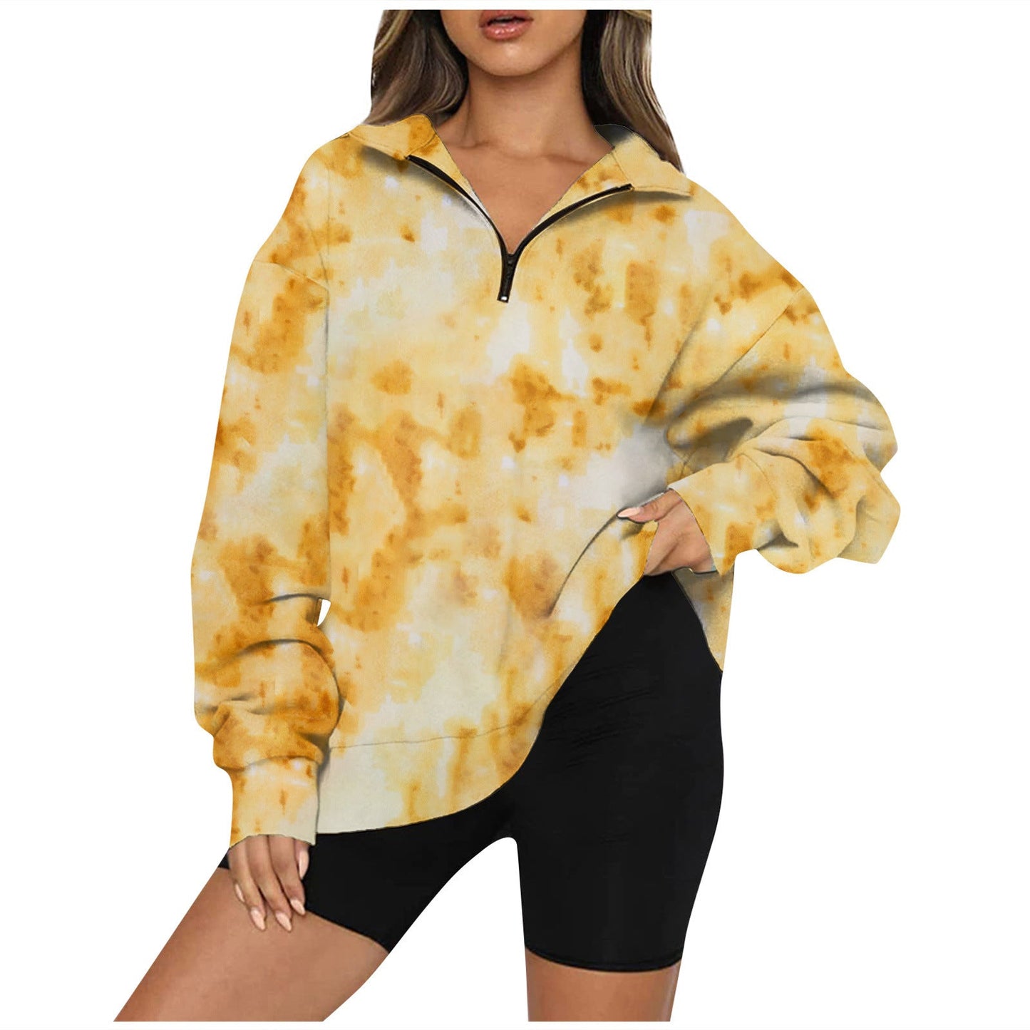 Tie Dye Printed Zippered Lapels Sweatshirt Womens Clothing Long Sleeve Loose Pocketless Top null