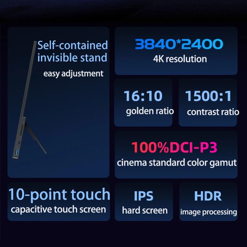 16 Inch 4K Touch Screen Portable Monitor 100%DCI - P3 550nit 3840*2400 16:10 Travel Office Display for Phone Laptop Switch Xbox 16 - 4K - Touch 16 Inch 4K Touch Screen Portable Monitor 100%DCI - P3 550nit 3840*2400 16:10 Travel Office Display for Phone Laptop Switch Xbox - shop_name