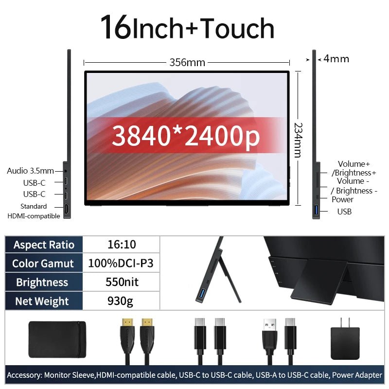16 Inch 4K Touch Screen Portable Monitor 100%DCI - P3 550nit 3840*2400 16:10 Travel Office Display for Phone Laptop Switch Xbox 16 - 4K - Touch 16 Inch 4K Touch Screen Portable Monitor 100%DCI - P3 550nit 3840*2400 16:10 Travel Office Display for Phone Laptop Switch Xbox - shop_name