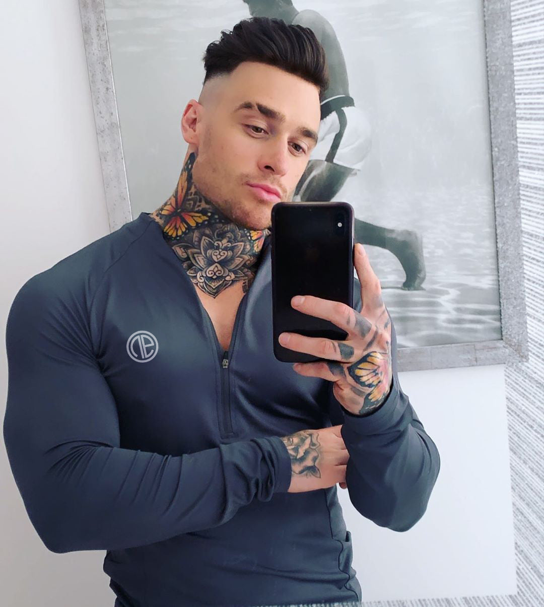 Zipper Neck Fitness Shirts Men Black Long Sleeve GYM Sport Tshirt null