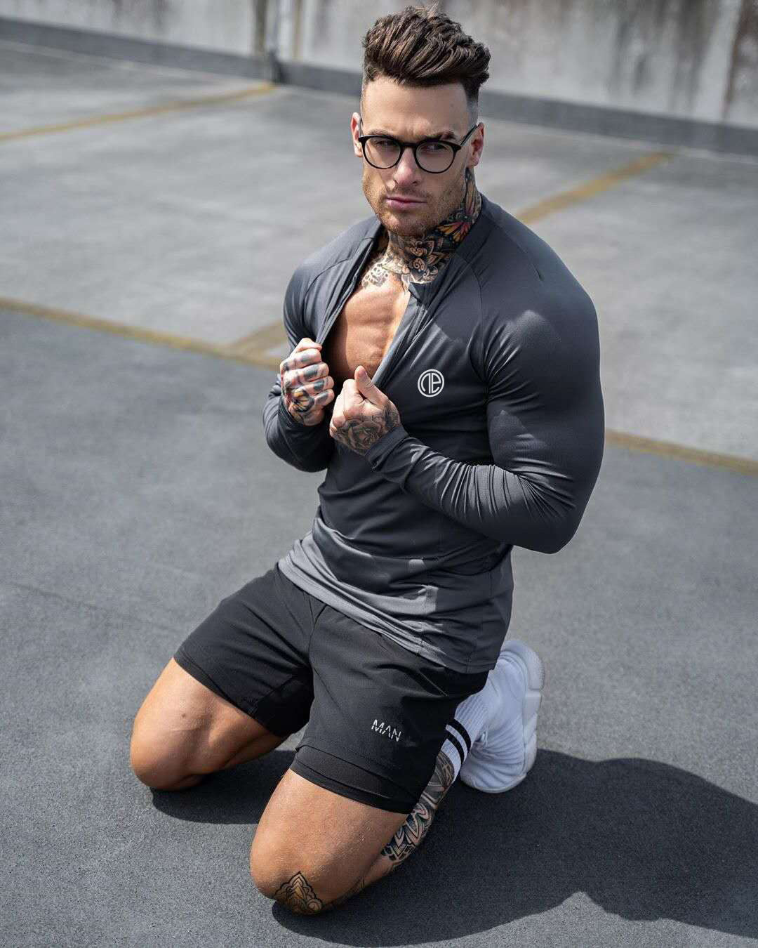 Zipper Neck Fitness Shirts Men Black Long Sleeve GYM Sport Tshirt null