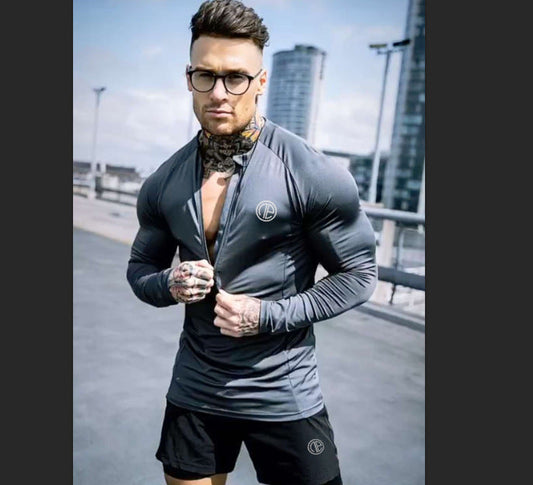 Zipper Neck Fitness Shirts Men Black Long Sleeve GYM Sport Tshirt null