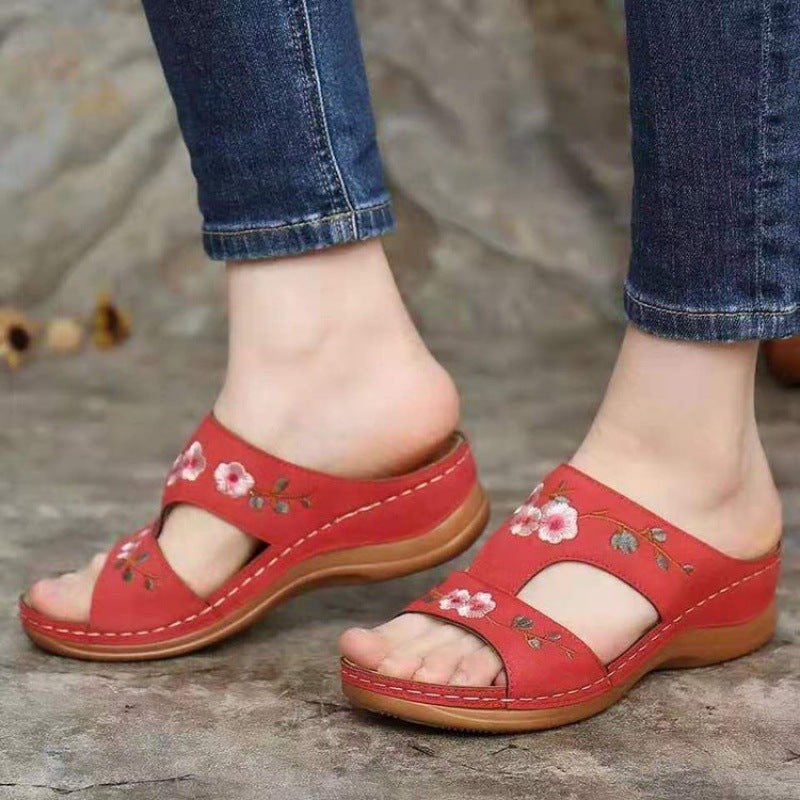 Flower Embroidered Sandals Wedge Heel Plus Size Women's Slippers null