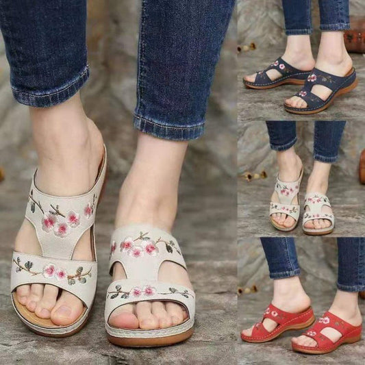 Flower Embroidered Sandals Wedge Heel Plus Size Women's Slippers null