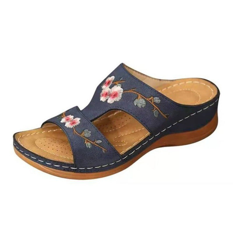 Flower Embroidered Sandals Wedge Heel Plus Size Women's Slippers null