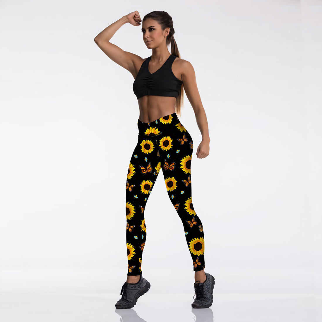 Sunflower Butterfly Print High Waist Sport Leggings, Women'S Breathable Push-Up Pants, Gym Clothing, Fitness, High Elasticity null