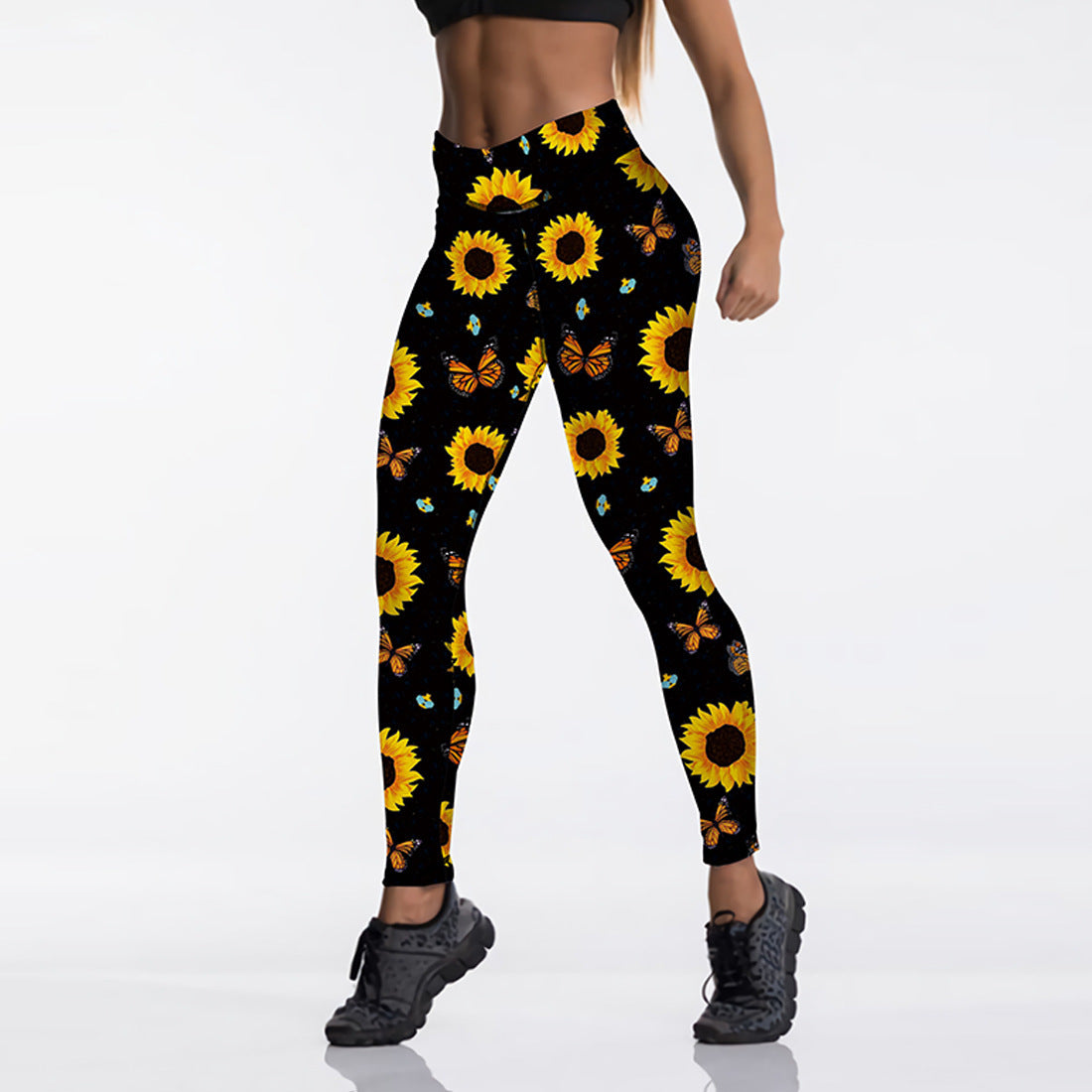 Sunflower Butterfly Print High Waist Sport Leggings, Women'S Breathable Push-Up Pants, Gym Clothing, Fitness, High Elasticity null