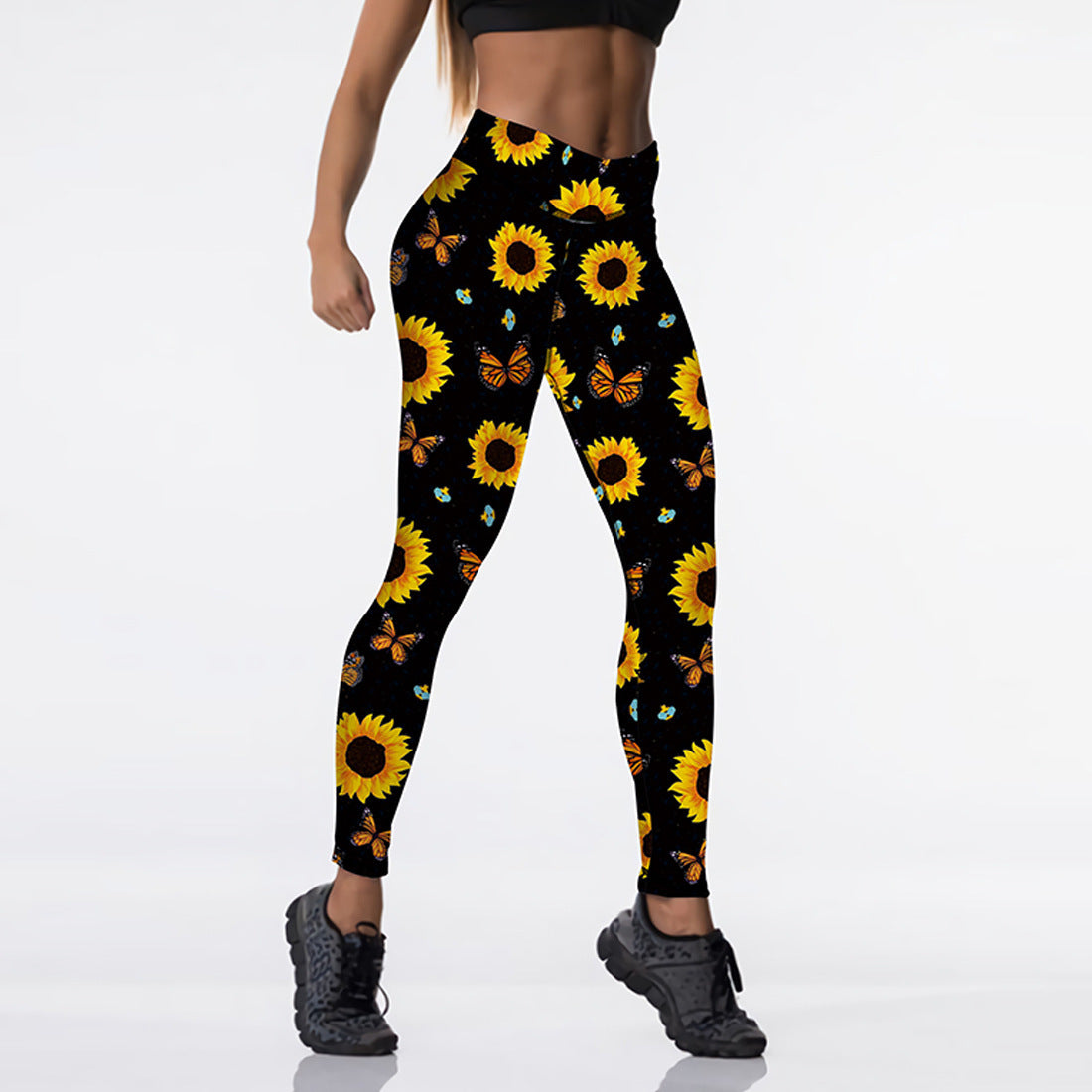 Sunflower Butterfly Print High Waist Sport Leggings, Women'S Breathable Push-Up Pants, Gym Clothing, Fitness, High Elasticity null