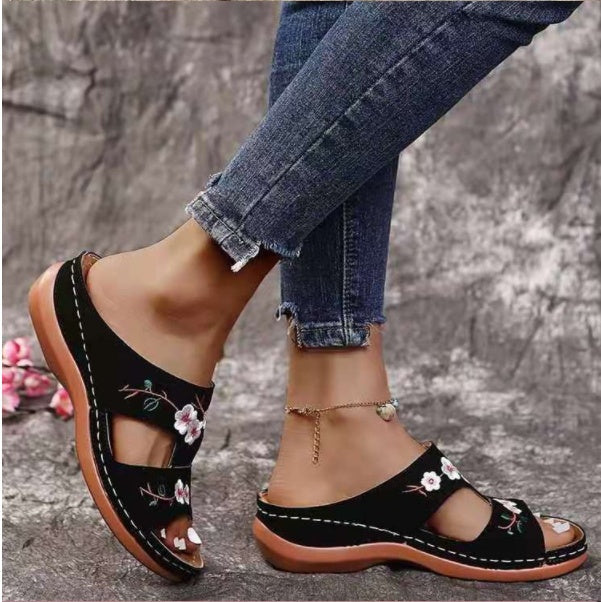 Flower Embroidered Sandals Wedge Heel Plus Size Women's Slippers null