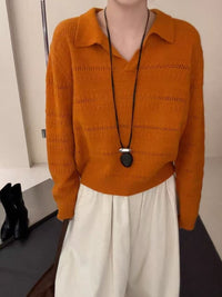 Womens Polo-Neck Sweater Fashionable Casual Artistic Solid-Color