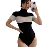 Fashionable Contrasting-Color Striped Knitted Sports Jumpsuit