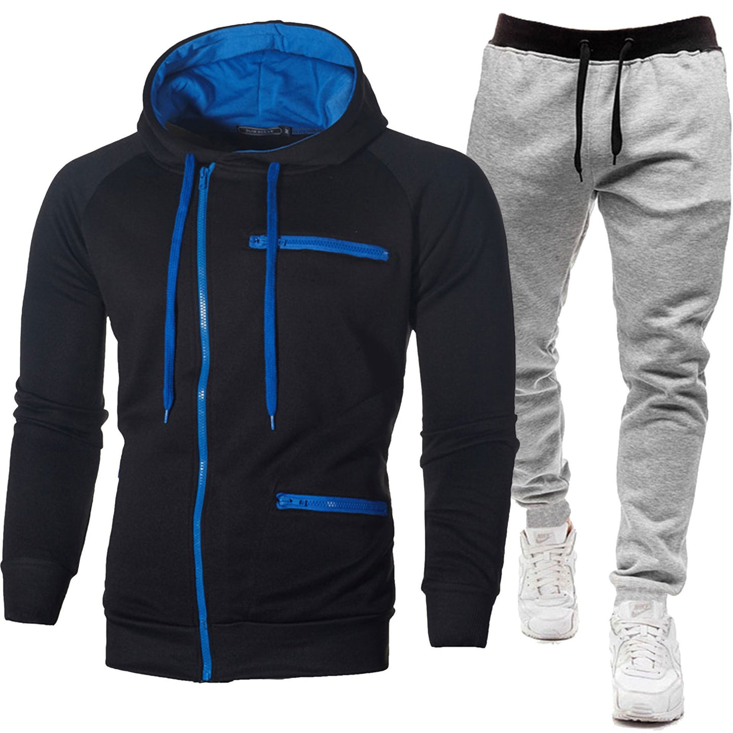 Men's Solid Color Sports Casual Jacquard Sweatshirt Fleece Hooded Cardigan Men's Suit