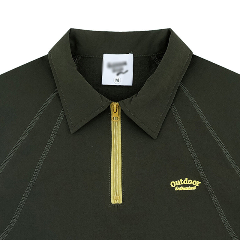 Men's Sports Topstitching Half Zipper And Lapel Short Sleeve