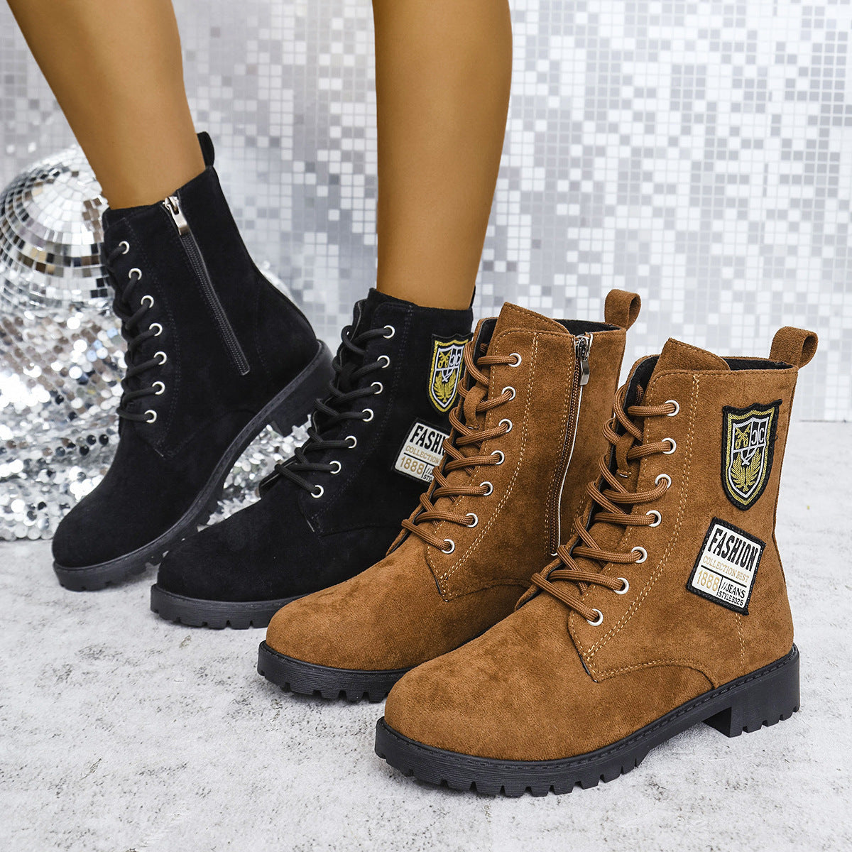 Fashion Lace-up Chunky Heels Boots Winter Round Toe Shoes For Women null