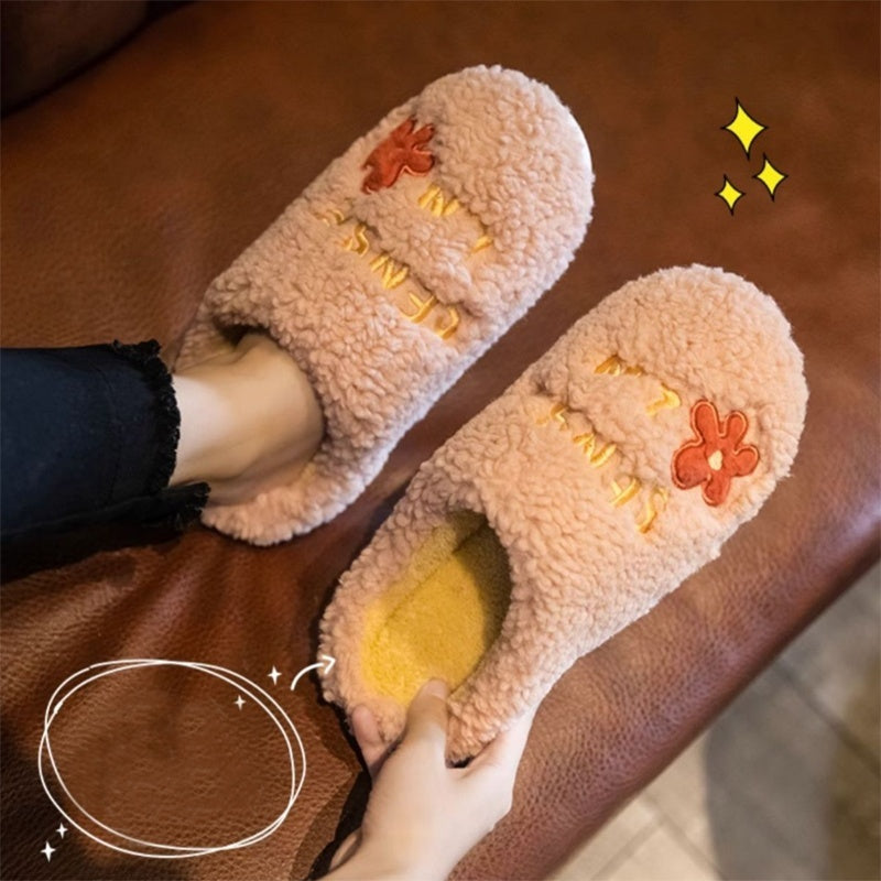 Ins Cute Flower Fleece Slippers Winter Warm Bedroom Floor Slippers Indoor Non-slip Plush Shoes For Women null