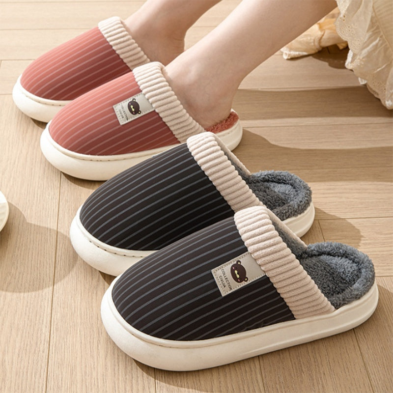 Solid Striped Plush Slippers Winter Warm Bear Fleece Shoes House Indoor Bedroom Floor Thick-soled Home Slipper For Women Men Couple null