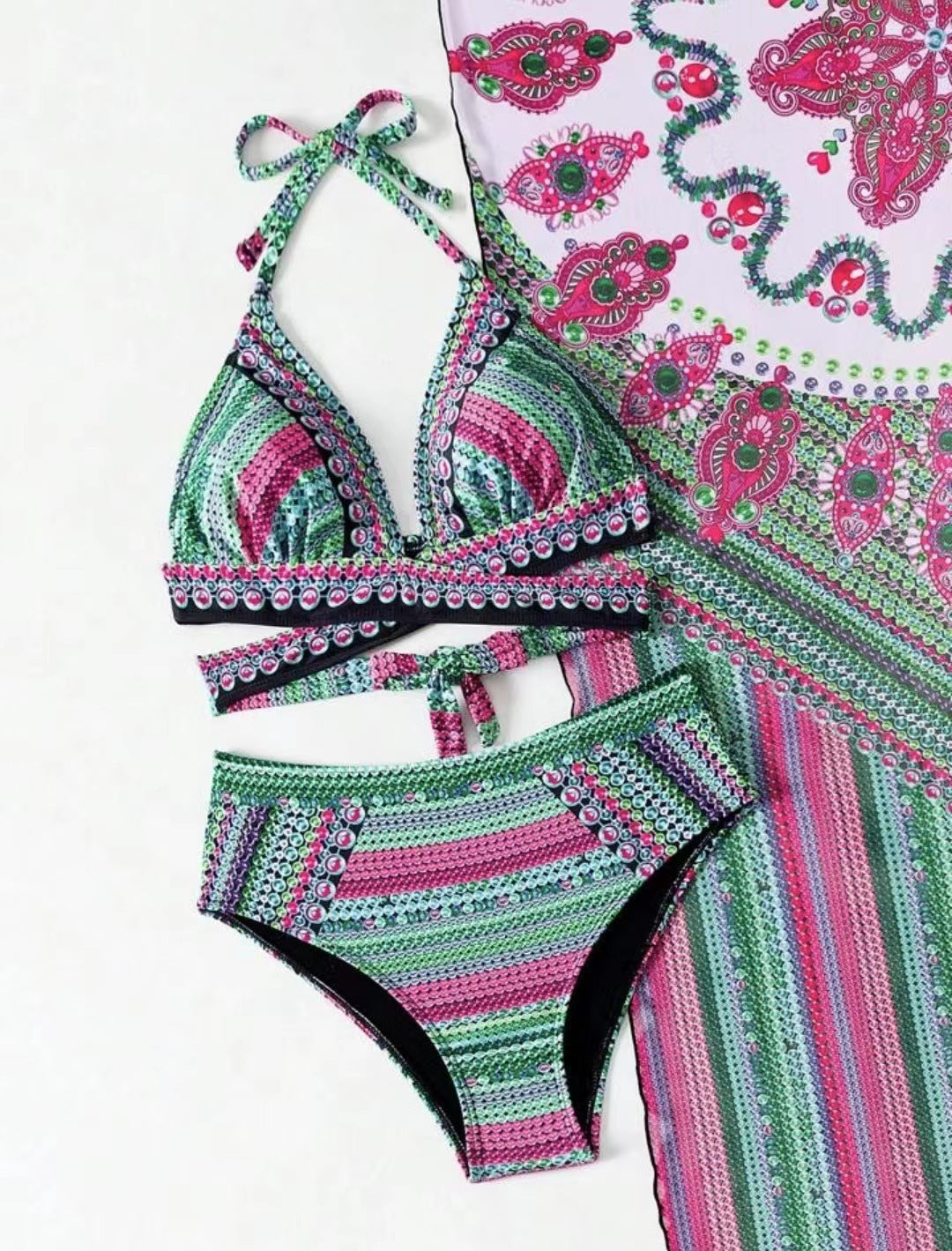 Women's Split Cross Strap Retro Ethnic Style Swimsuit.