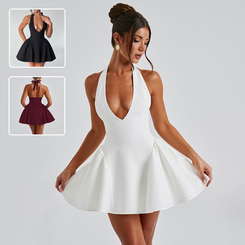 Sexy Deep V-neck Halter Dress Ins Fashion Slim Short Dress For Party Clothing Women.