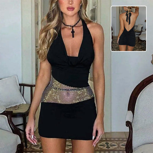 Sexy Slim Deep U-neck Dress With Sequin Mesh Patchwork Design Ins Fashion Halter Short Dresses Women's Clothing.