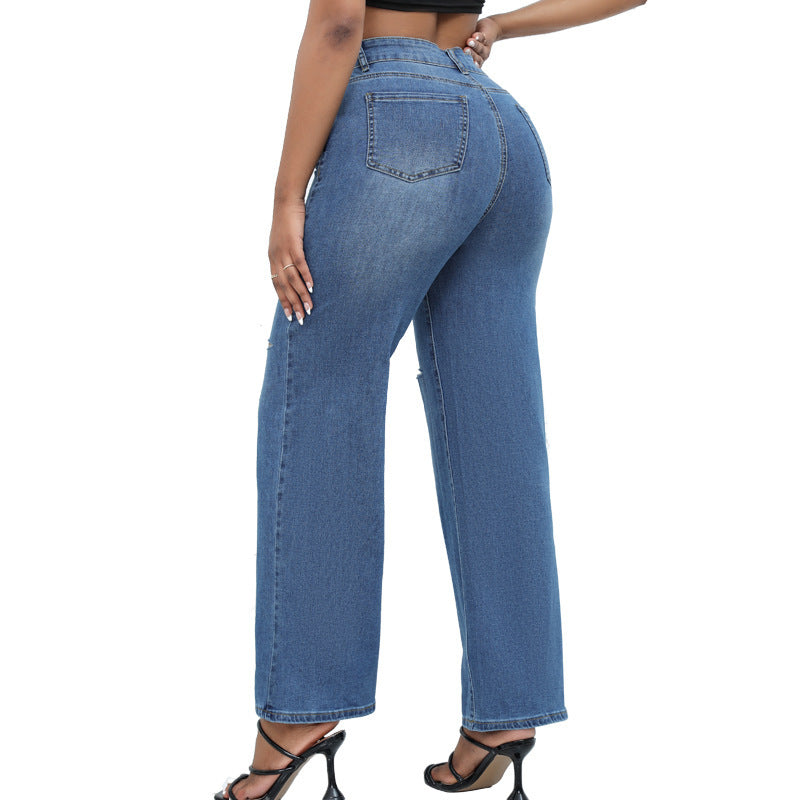 Elegant Ripped Wide-leg Jeans Women null