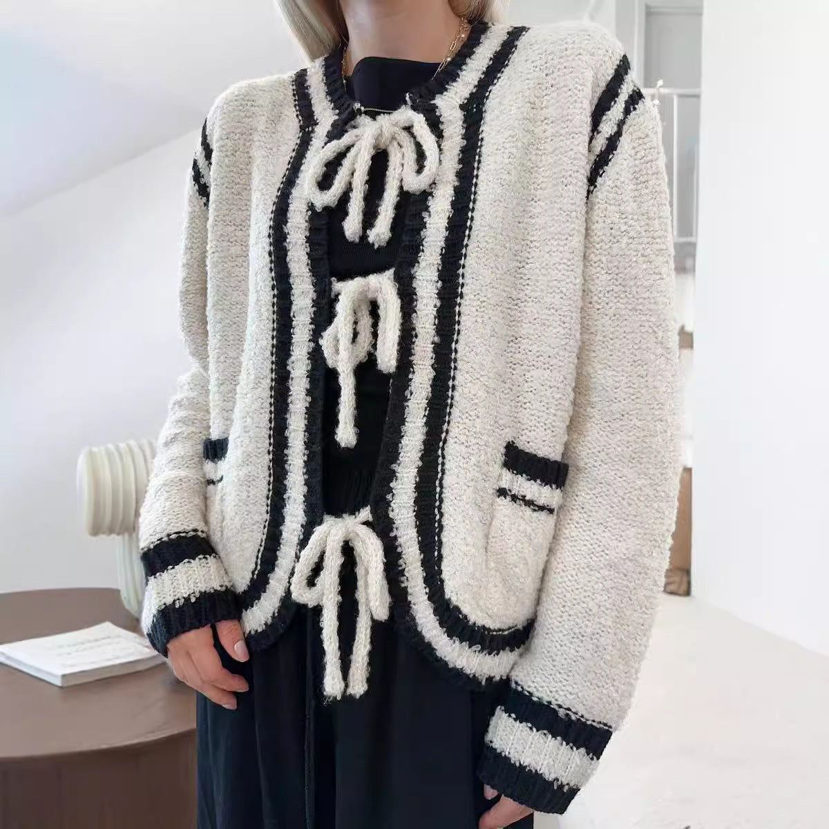 Knitted Lace-up Pocket Sweater Coat Women's Clothing null