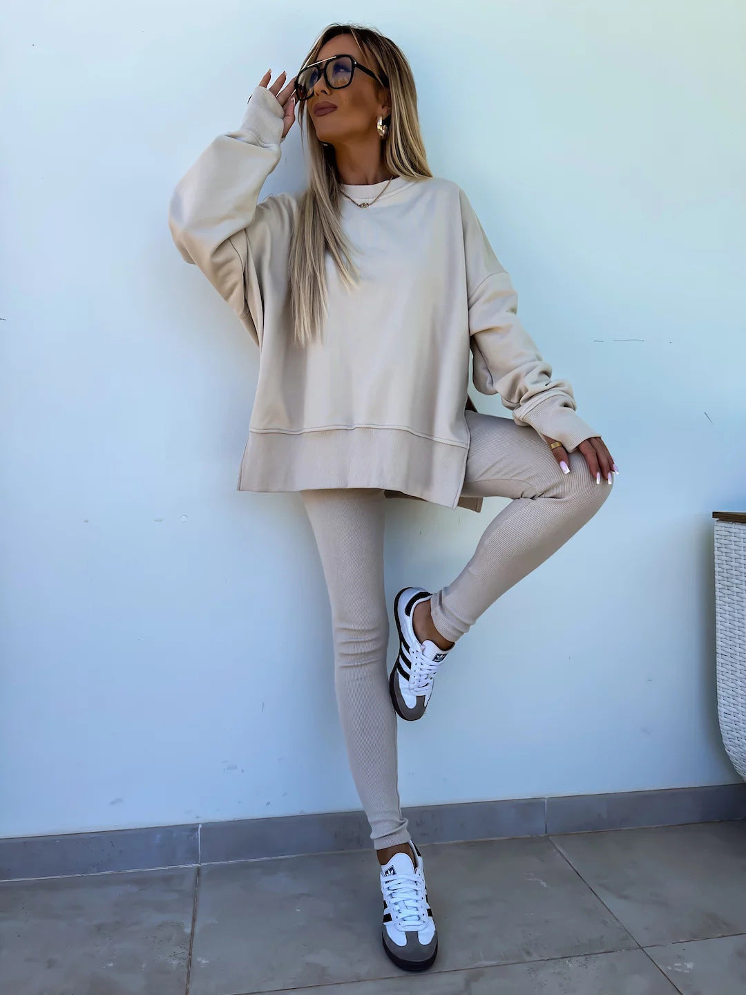 Sweater Suit Women's Casual Loose Long Sleeve Crew Neck Split Top Tight Trousers null