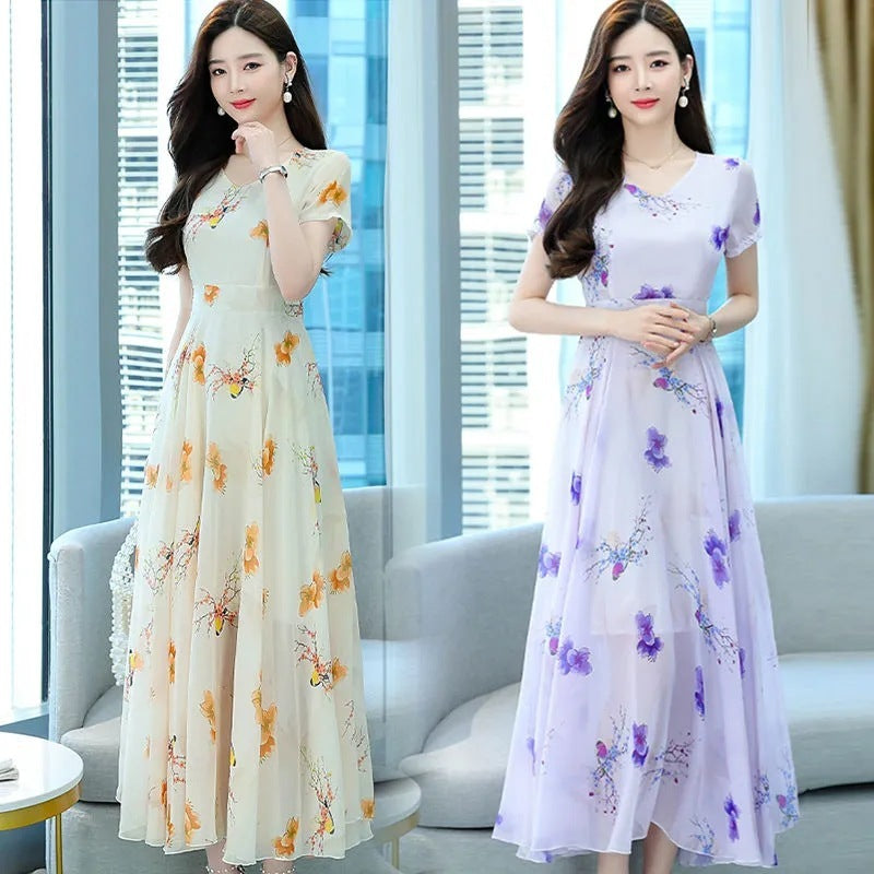 Short Sleeve V-neck Mid-length Dress Women's Waist Slimming Temperament Floral Skirt A-line Skirt Fashion null