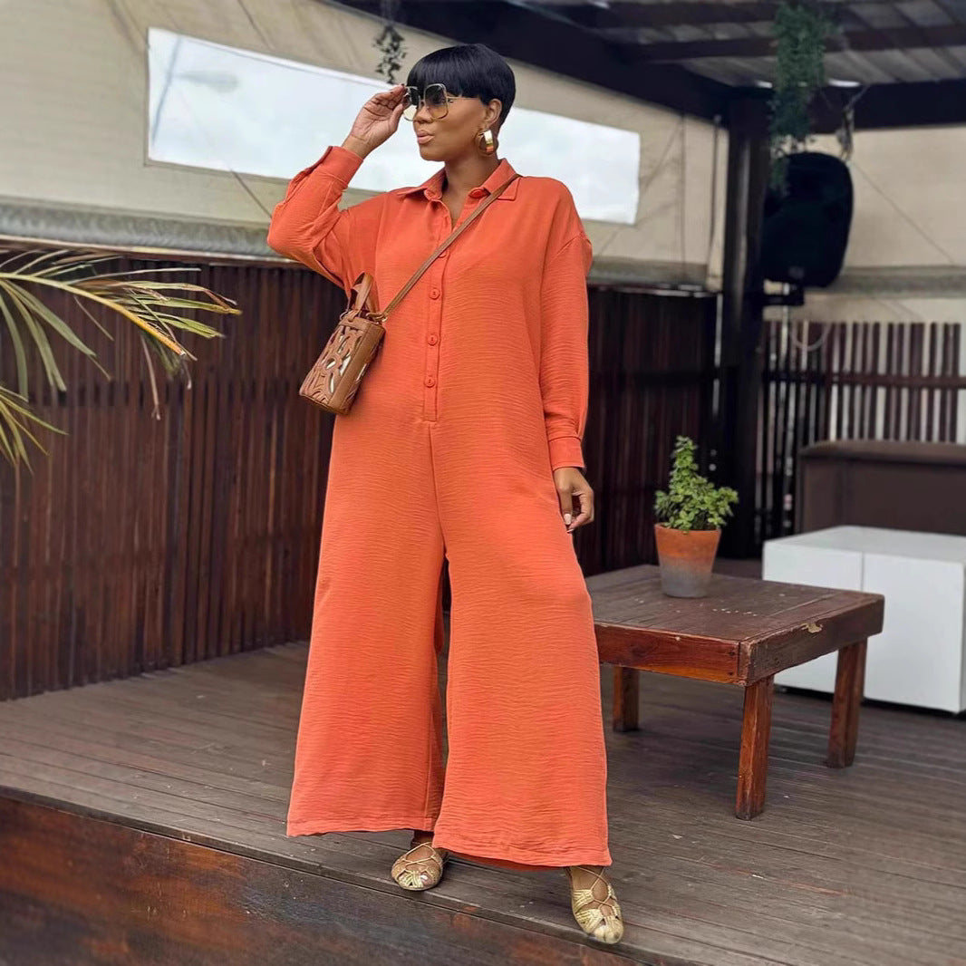 Casual Loose Round Neck Long Sleeve Wide Leg One-piece