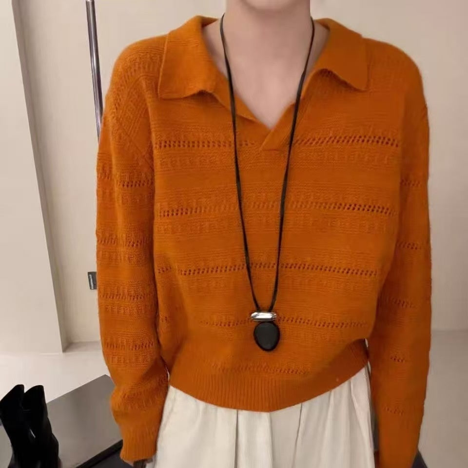 Womens Polo-Neck Sweater Fashionable Casual Artistic Solid-Color