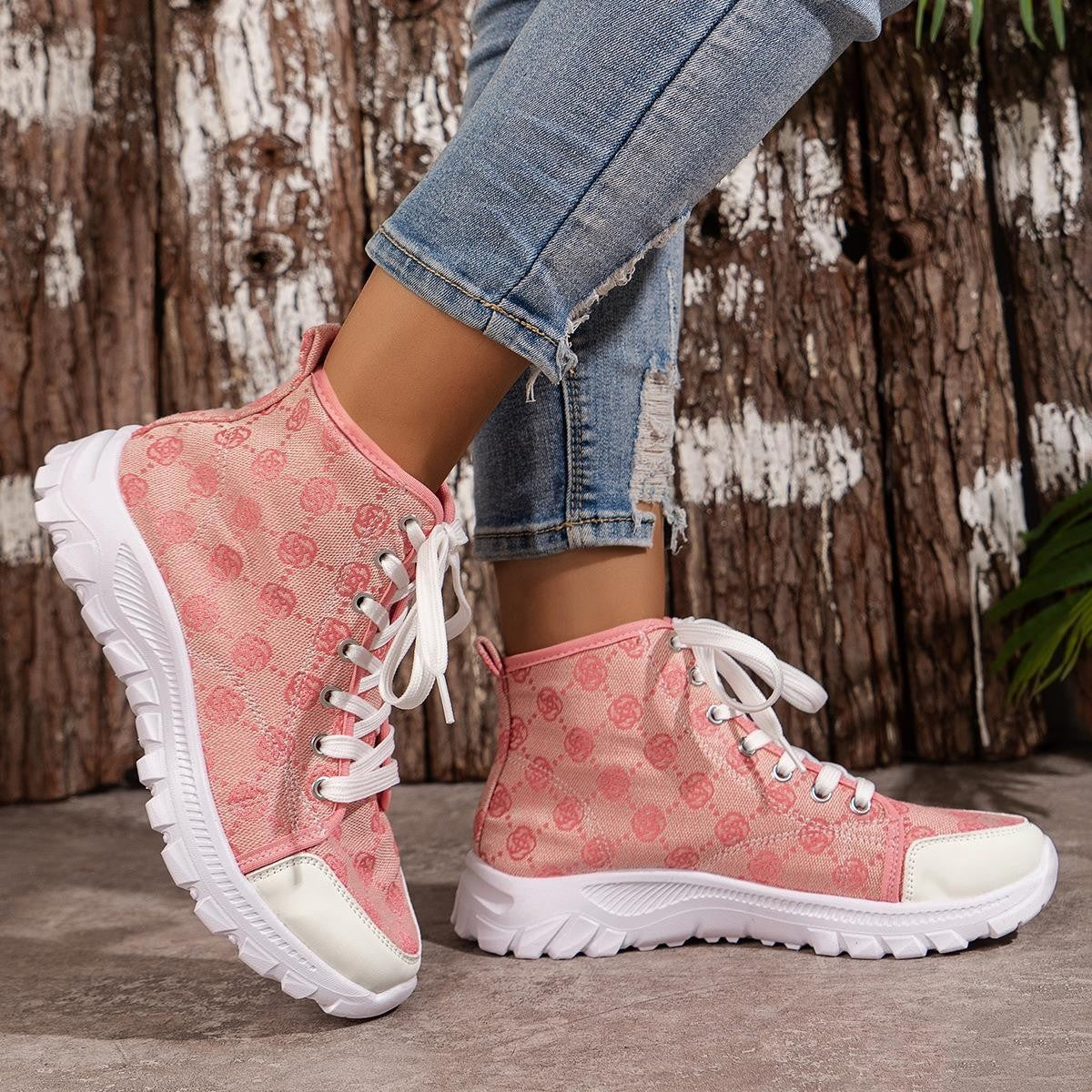 Rose-printed Lace-up Boots Fashion Breathable Canvas Shoes Sports Casual Non-slip Thick-soled Short Boot For Women null