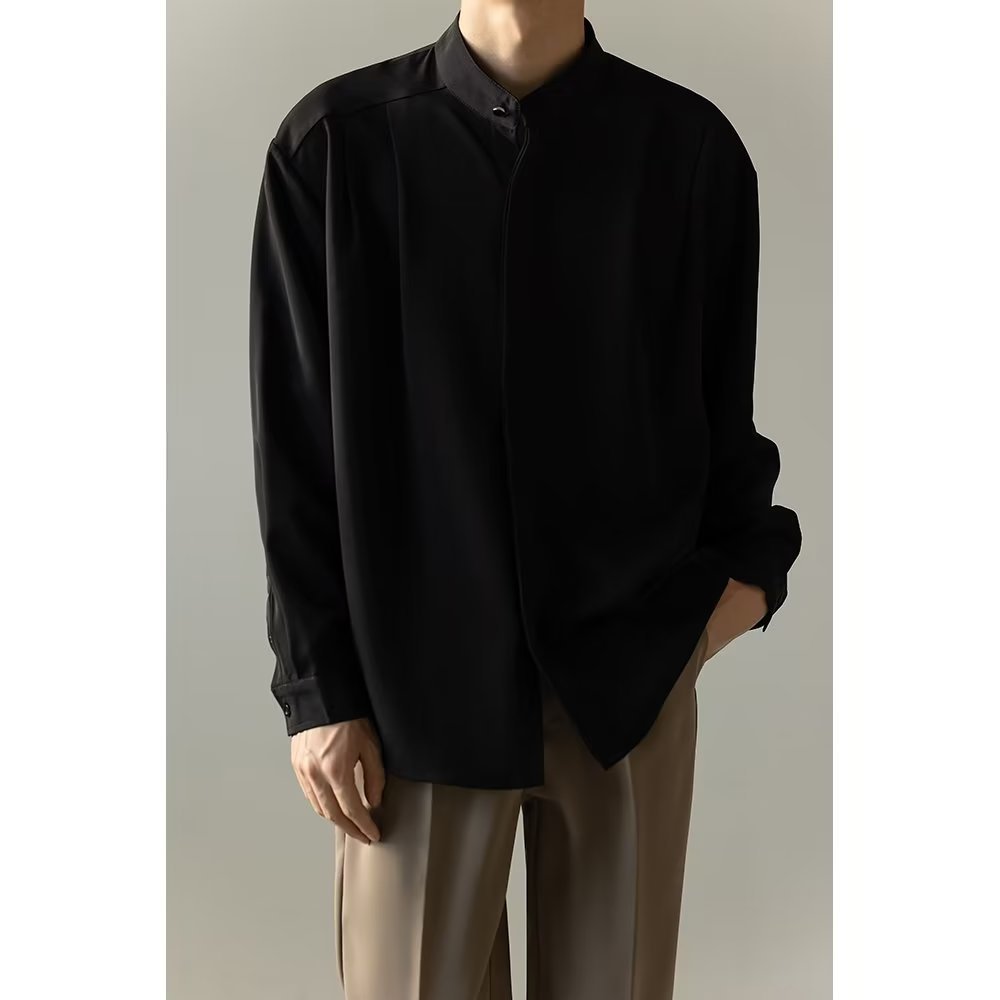 Mens Casual Loose-fitting Long-sleeve Shirt With A Stand-up Collar