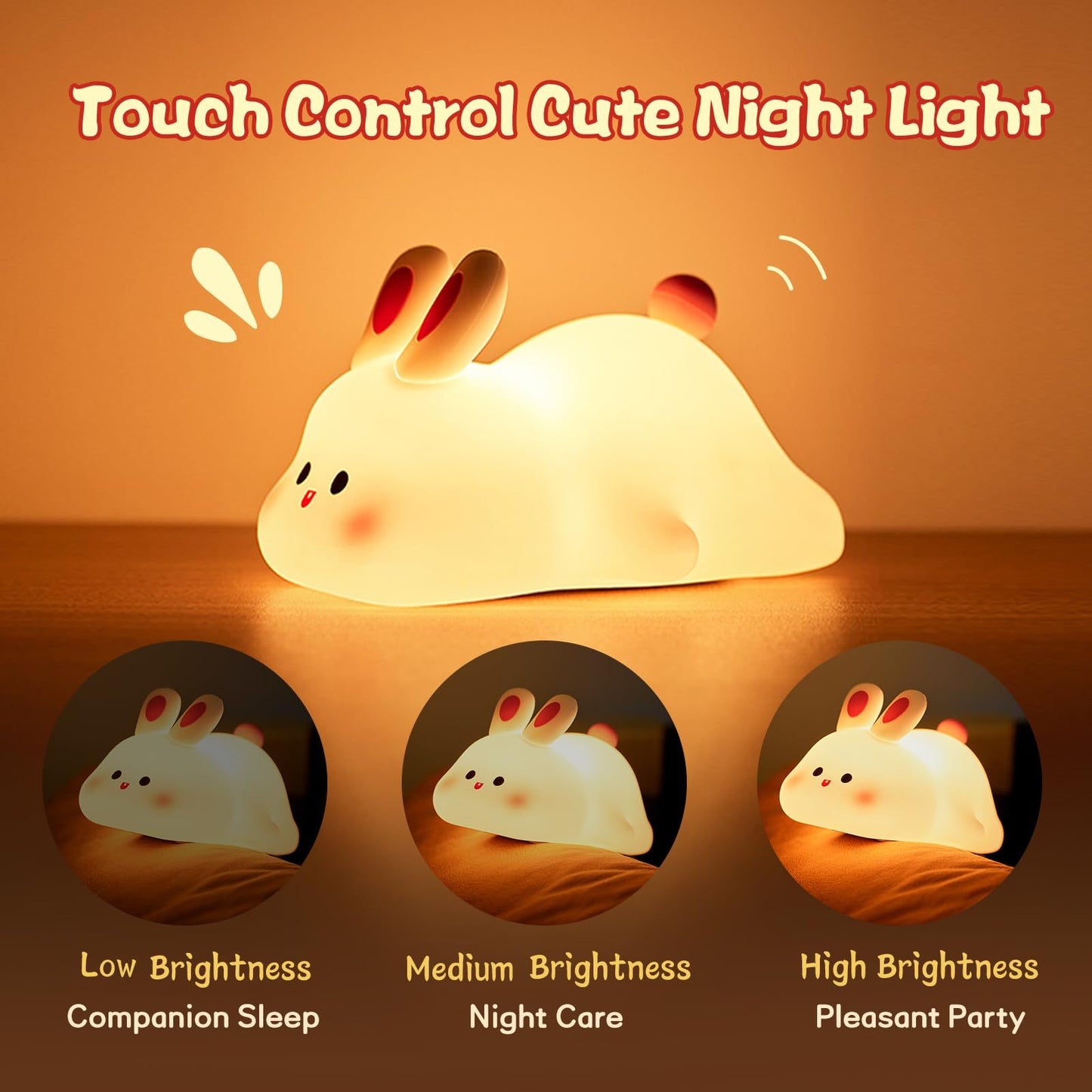 Cute LED Night Light Touch Sensor Cartoon Kid's Nightlights Big Face Rabbit Silicone Night Light Christmas Gift Bedside Lamp Home Decor null