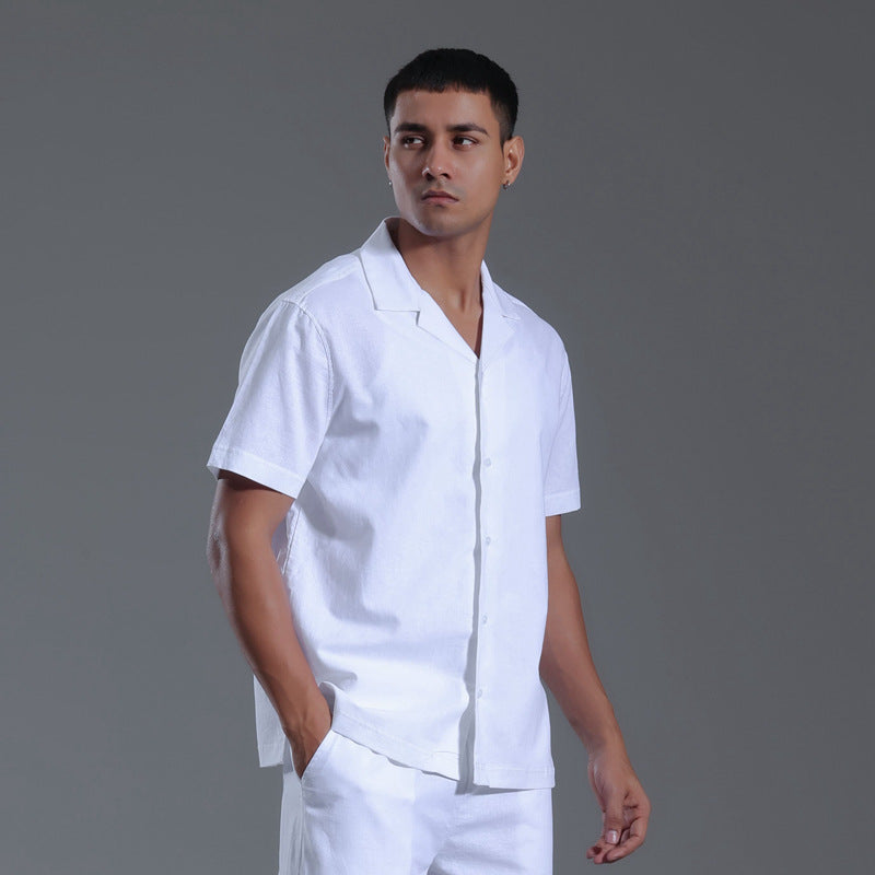 Cuban Collar Linen Cotton Blended Short-sleeved Shirt