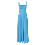 Off-neck Pleated Stitching High Waist Slimming Solid Color Sling Dress
