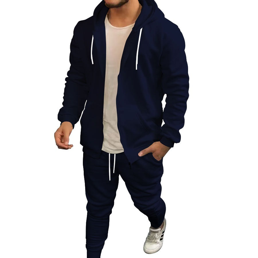 Mens Fashion Solid-Color Casual Hooded Cardigan Set