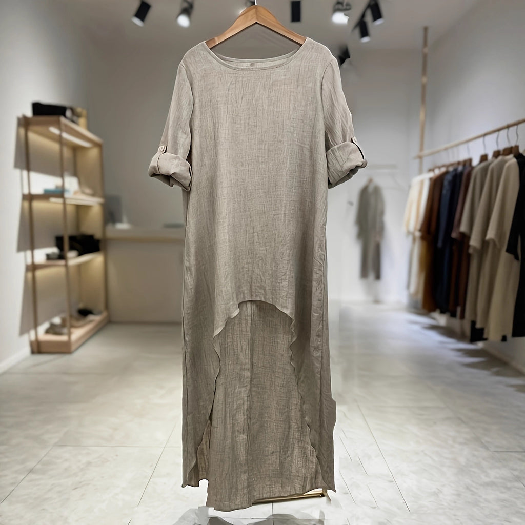 Womens Irregular Long Linen Top With A Crew Neck