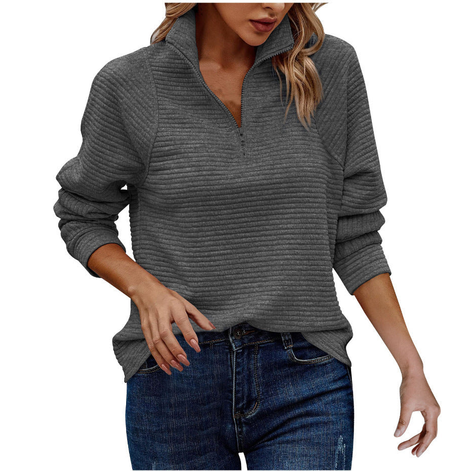 Zipper Stand Collar Pullover Sweatshirt Fashion Solid Striped Long Sleeve Top Spring And Autumn Women's Clothing null