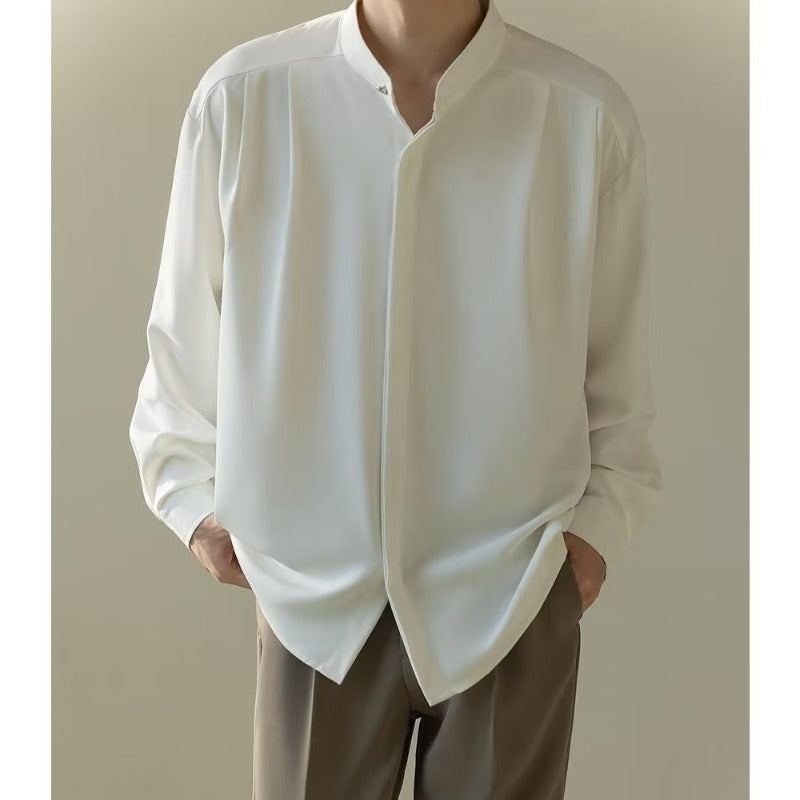 Mens Casual Loose-fitting Long-sleeve Shirt With A Stand-up Collar