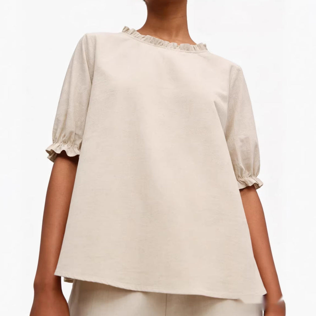Round-neck Linen Solid-color Ruffled Mid-sleeve Top