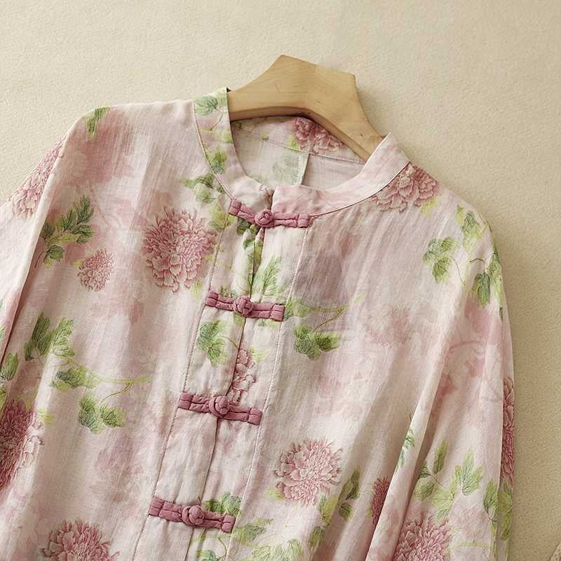 Loose-Fit Plus-Size Sun-Protective Ramie Printed Shirt