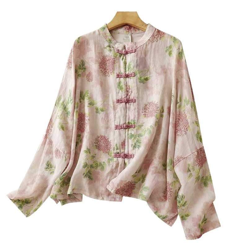 Loose-Fit Plus-Size Sun-Protective Ramie Printed Shirt