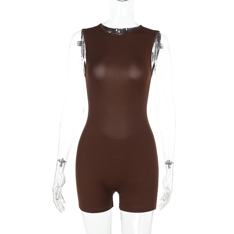 Slim-fit Solid Color Sleeveless Backless Sports And Leisure Jumpsuit