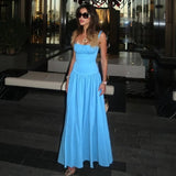 Off-neck Pleated Stitching High Waist Slimming Solid Color Sling Dress