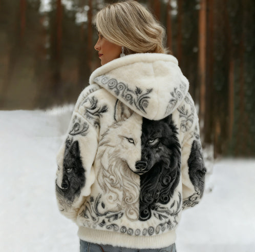 Womens Printed Street-Style Flannel Hoodie For Fall And Winter