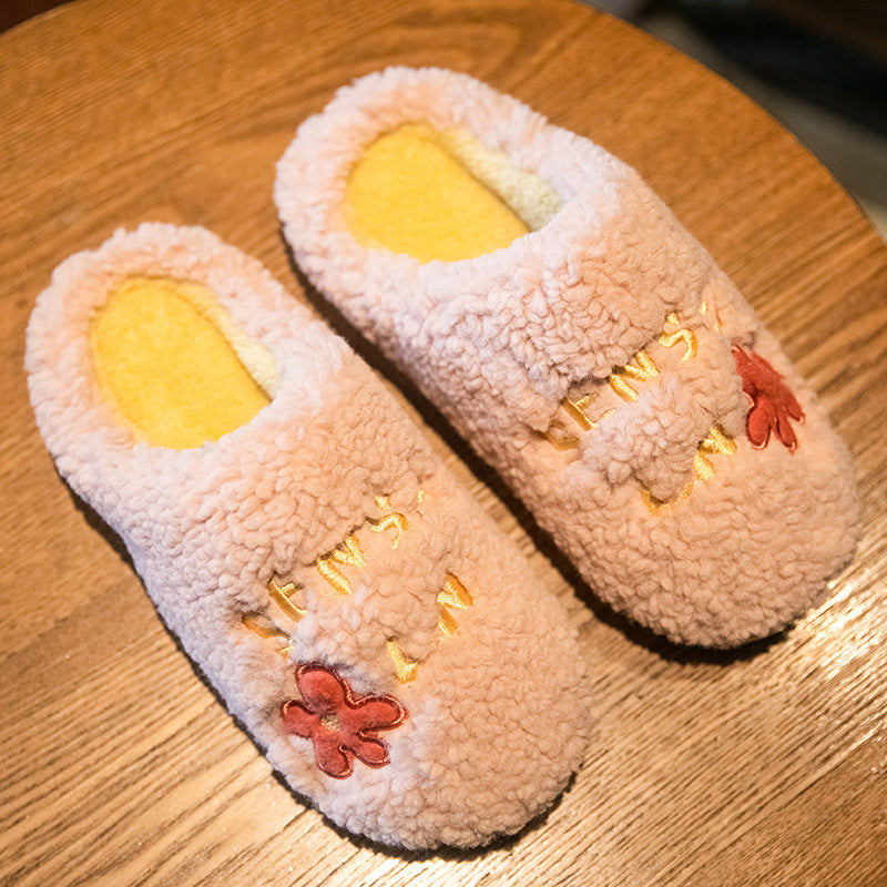 Ins Cute Flower Fleece Slippers Winter Warm Bedroom Floor Slippers Indoor Non-slip Plush Shoes For Women null