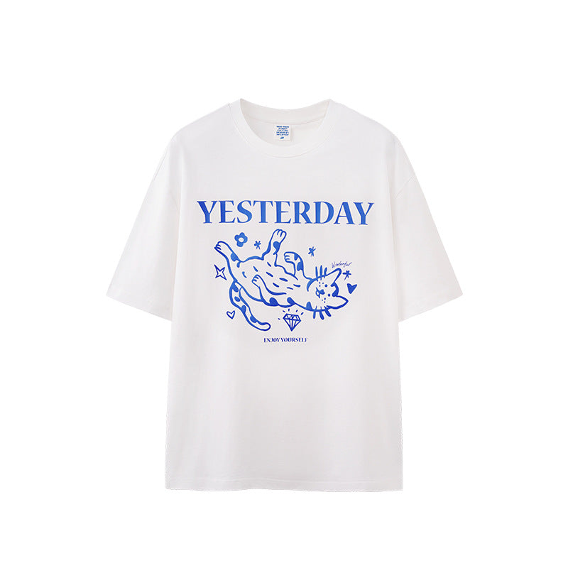 Contrast Color Cat Puff Print T-shirt American Style Trend Short Sleeve