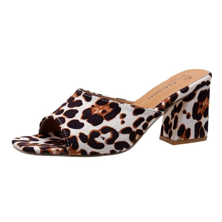 Leopard Square Toe Sandals Summer High-heeled Slippers Chunky Heel Shoes For Women null