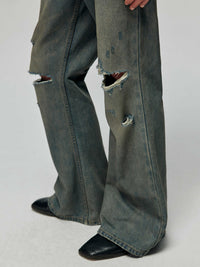 Cotton Retro Make Old Ripped Loose Micro-flared Trousers Jeans