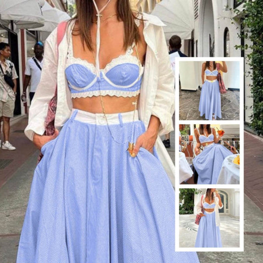 2 Pieces Lace Splicing Sling Vest High Waist Big Swing Skirt Fashion Blue Print Sets Spaghetti Strap Lace Bra And High Waisted Loose Pleated Skirts Sets - Update Avenue 